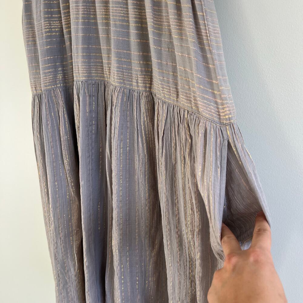 Pink Chicken Tiered V-Neck Neutral Metallic Striped Mini Dress, Size Small - Picture 7 of 11